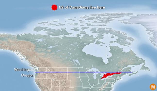 Map showing where half of Canadians live